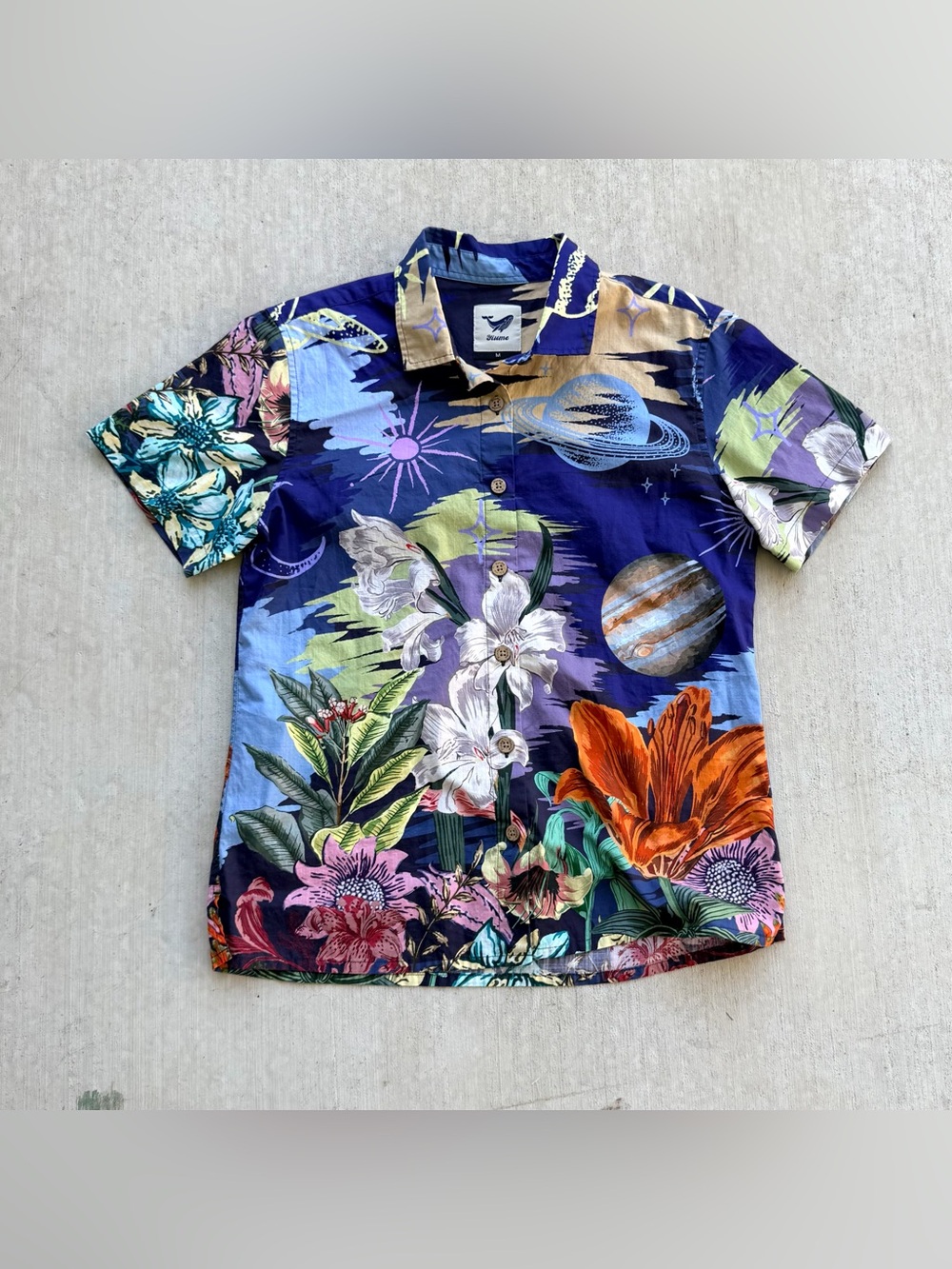 Yiume Hawaiian Shirt Women Size Medium Galaxy All Over Print Floral